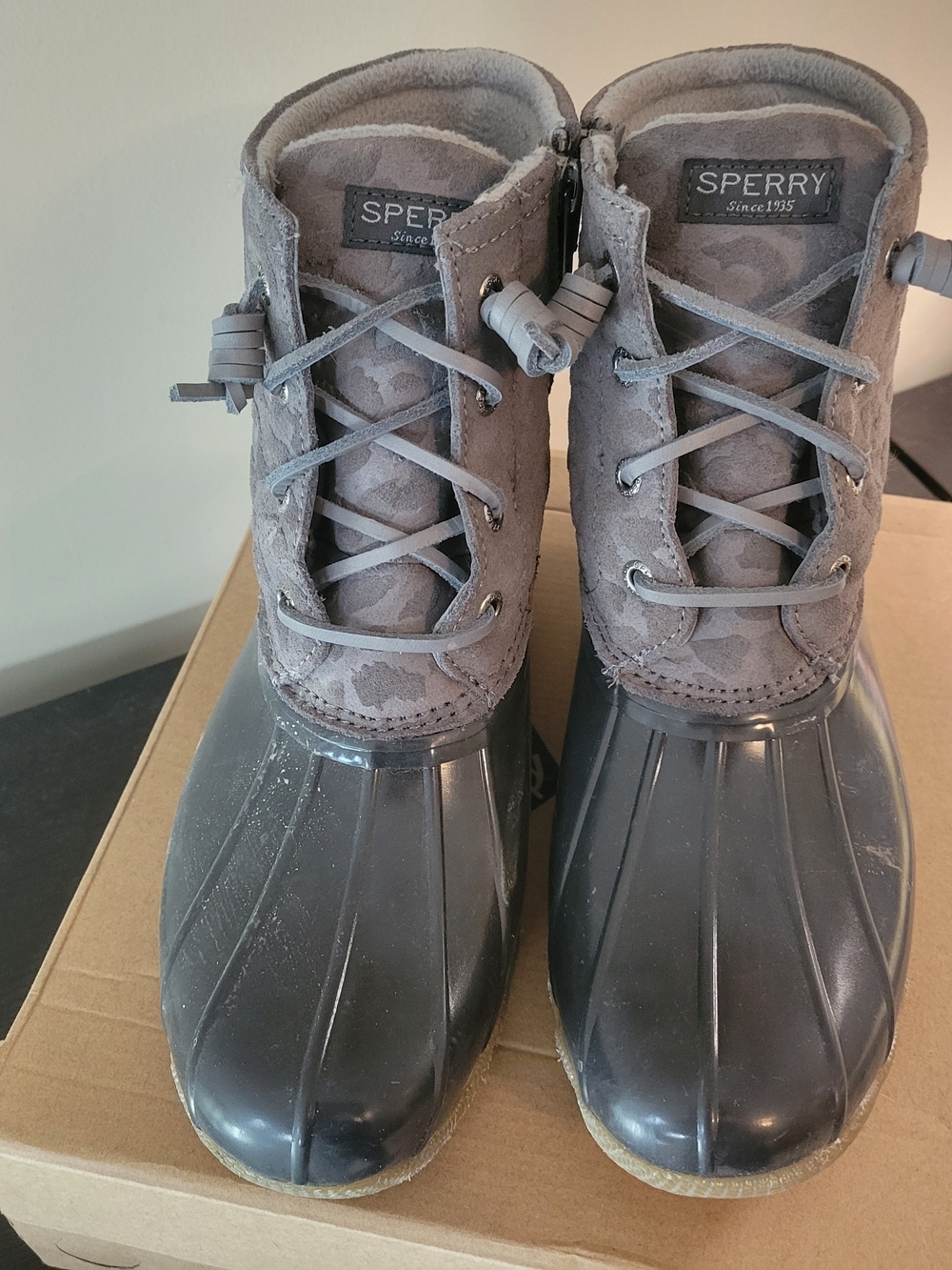 Sperry Saltwater Cheetah Grey Lace-Up Duck Boots